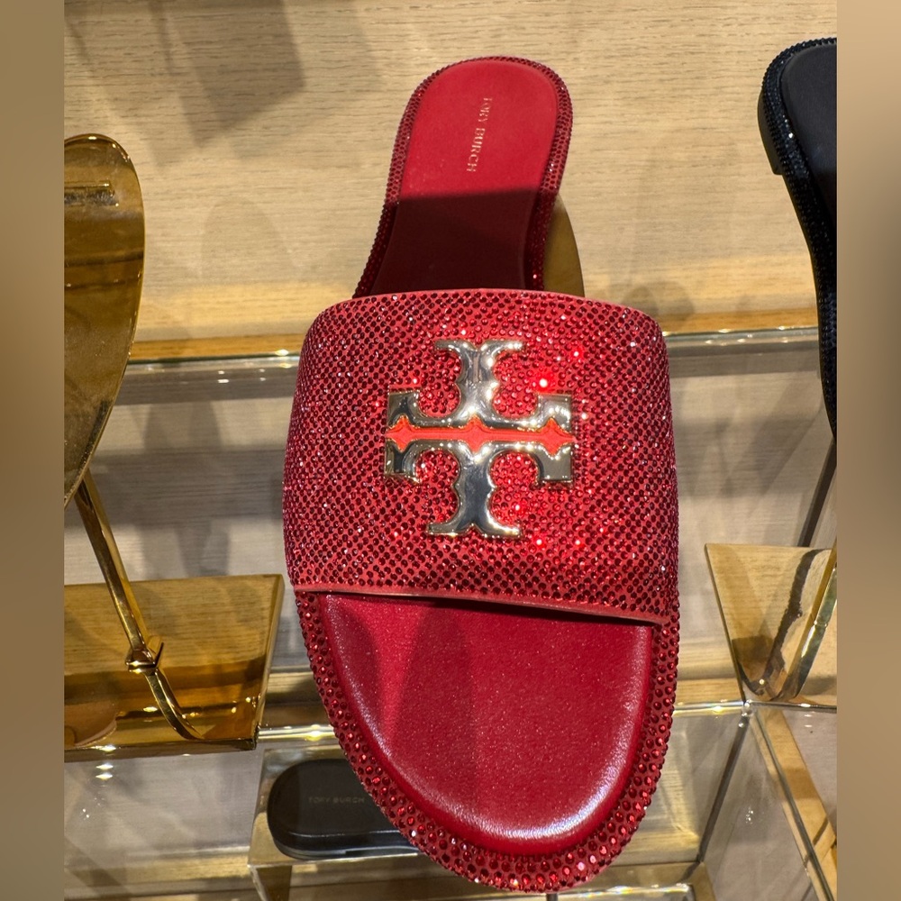 Tory Burch Everly Slide Sandals Calf Leather Crystal Design